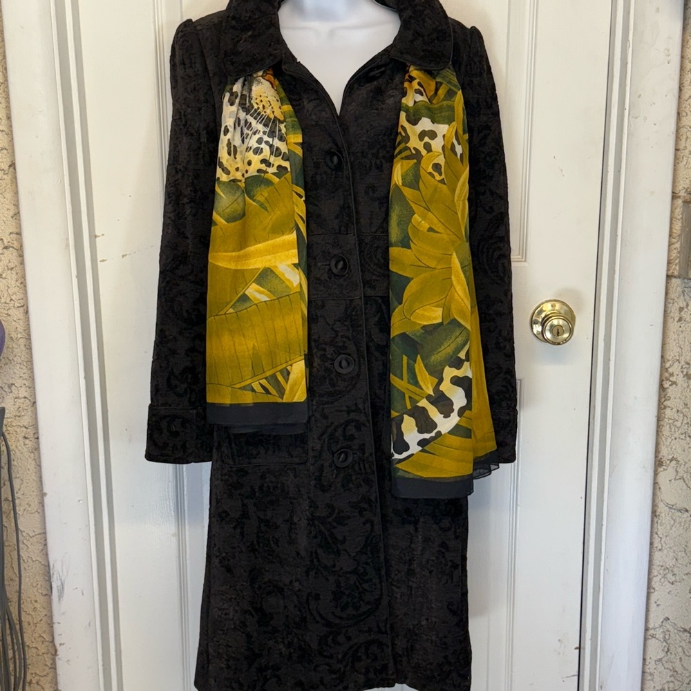 Arden B Women’s Long Black Coat With Tiger Print Sheer Scarf